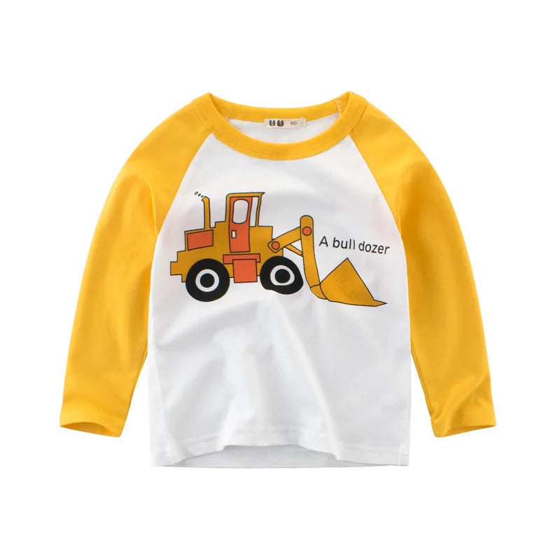 Boys Clothes Cartoon  Excavator T-shirt for Boy Long Sleeve O-Neck Cotton Children's Wear Kids T Shirts