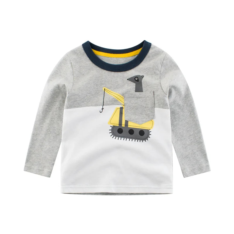 Boys Clothes Cartoon  Excavator T-shirt for Boy Long Sleeve O-Neck Cotton Children's Wear Kids T Shirts