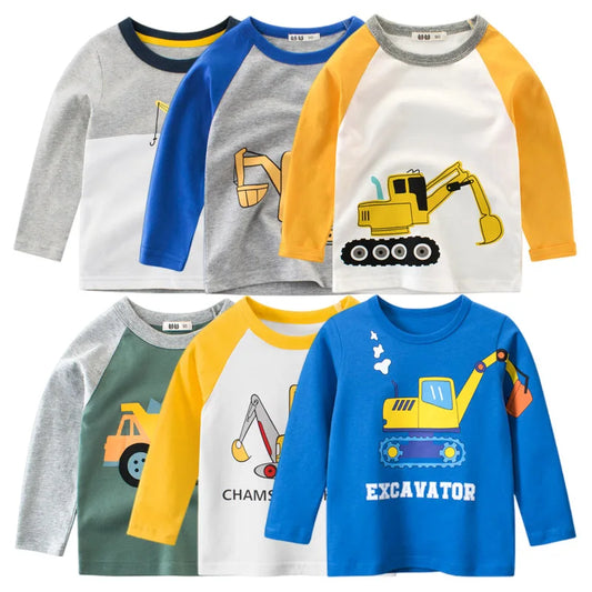 Boys Clothes Cartoon  Excavator T-shirt for Boy Long Sleeve O-Neck Cotton Children's Wear Kids T Shirts