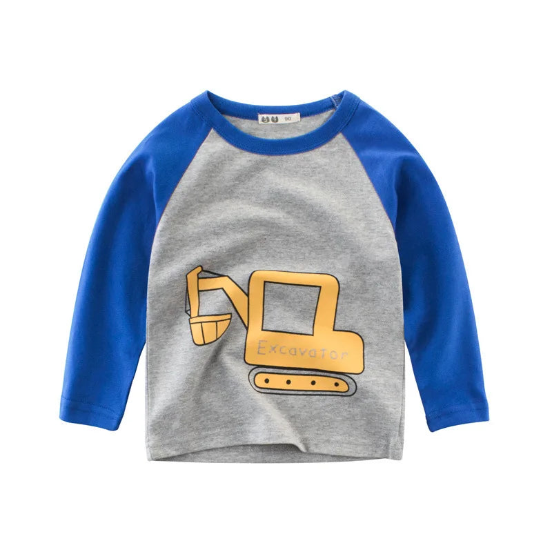 Boys Clothes Cartoon  Excavator T-shirt for Boy Long Sleeve O-Neck Cotton Children's Wear Kids T Shirts