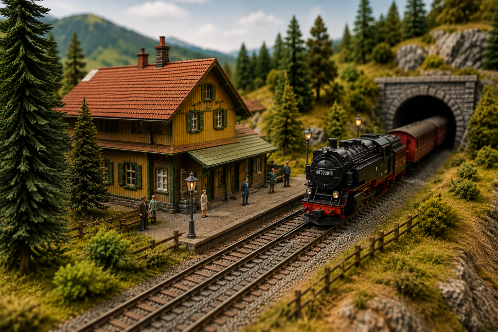 Model railway accessories and miniature scenery with steam train and station diorama
